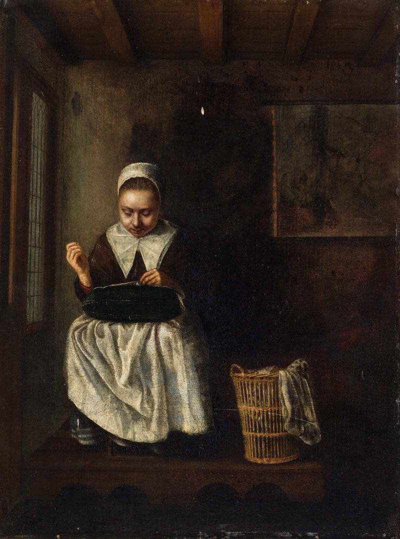 A Girl Sewing by Nicolaes Maes
