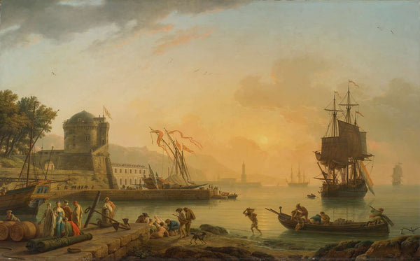 A Grand View Of The Sea Shore Enriched With Buildings Shipping And Figures by Claude Joseph Vernet