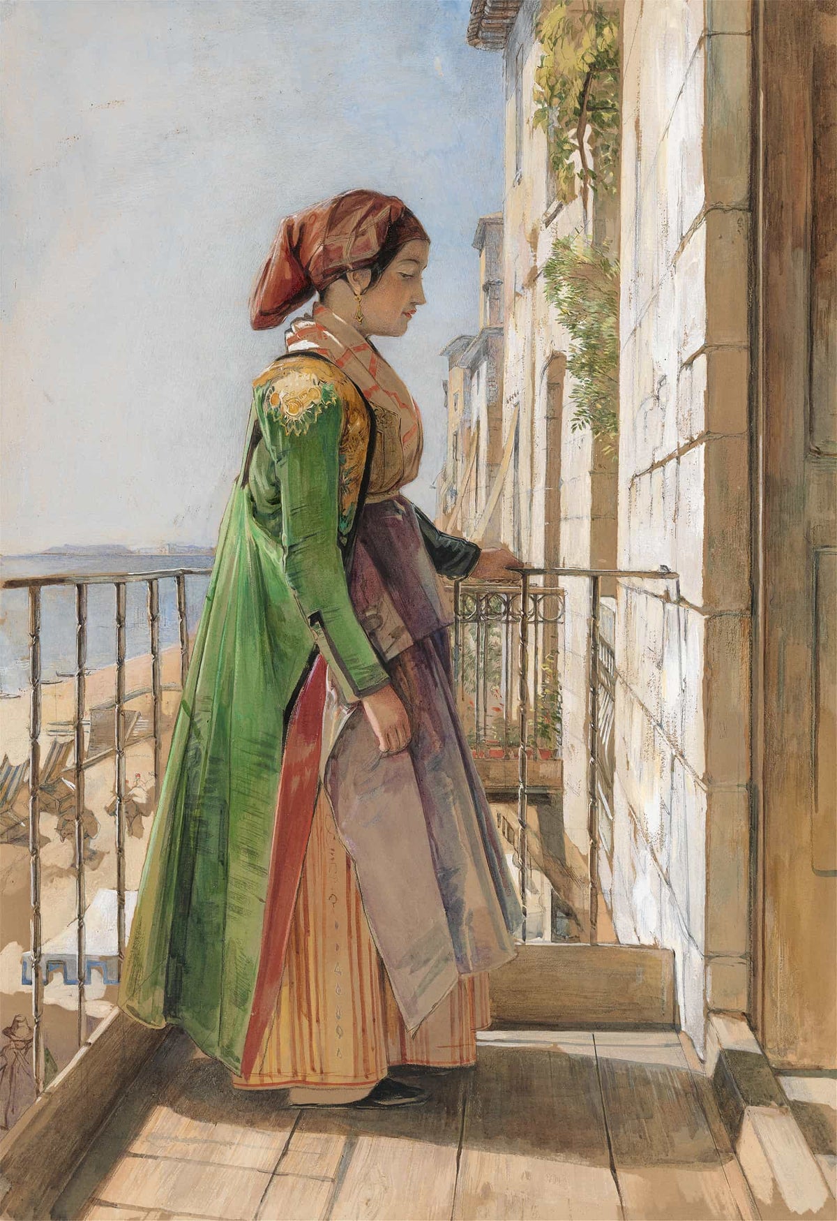 A Greek Girl Standing On A Balcony by John Frederick Lewis