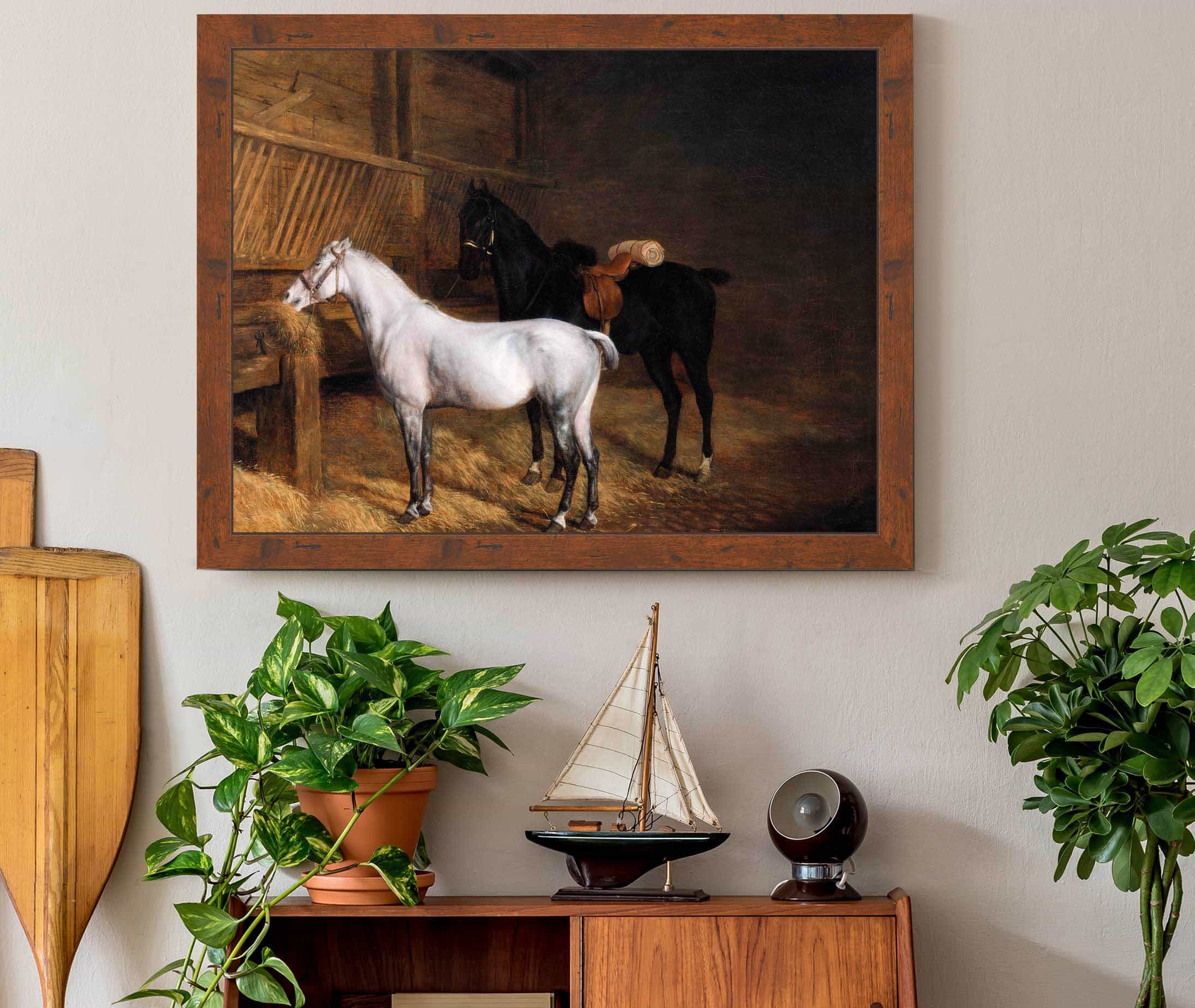 A Grey Pony And A Black Charger In A Stable by Jacques Laurent Agasse