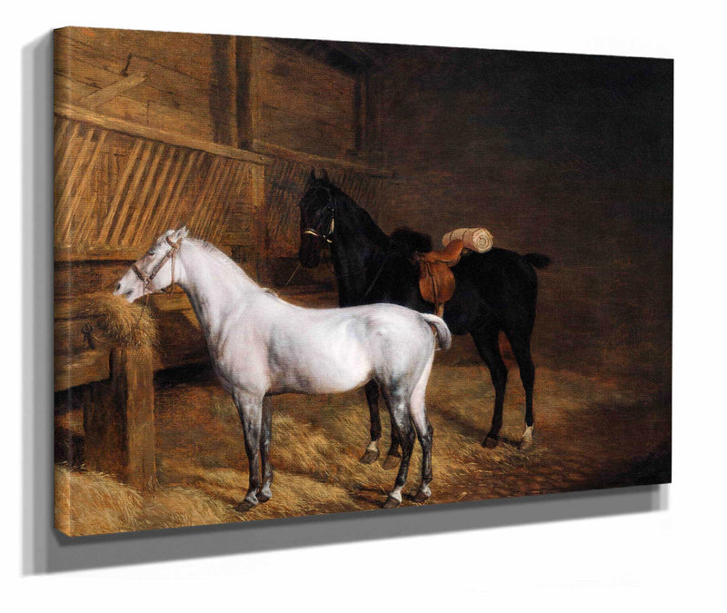 A Grey Pony And A Black Charger In A Stable by Jacques Laurent Agasse