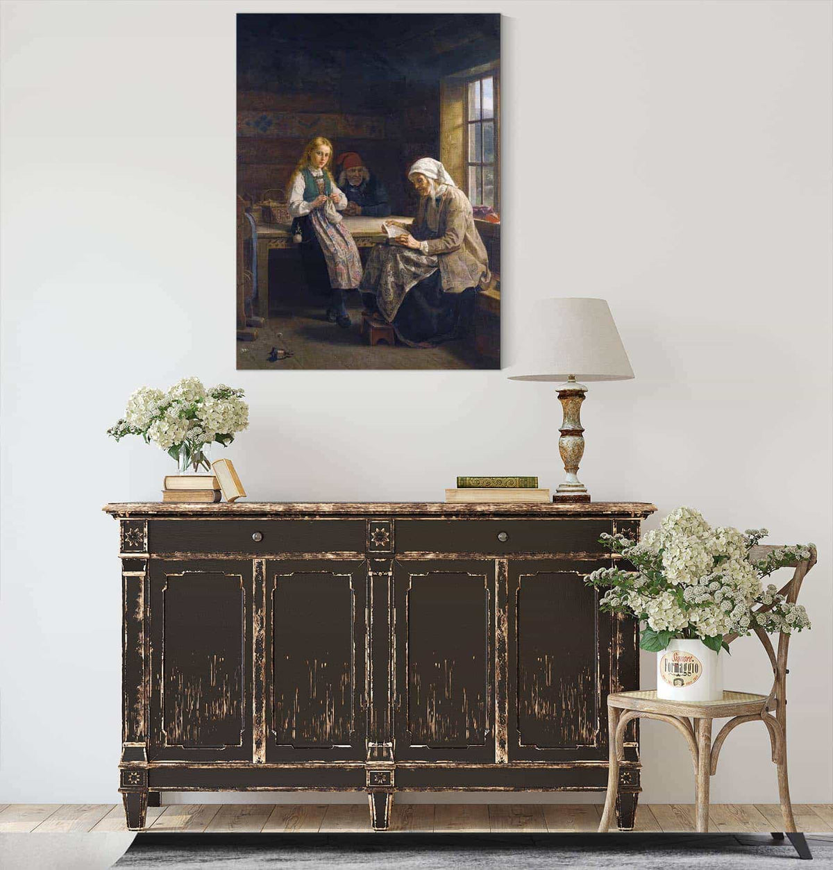 A Hardanger Interior Young Girl Knitting by Adolph Tidemand