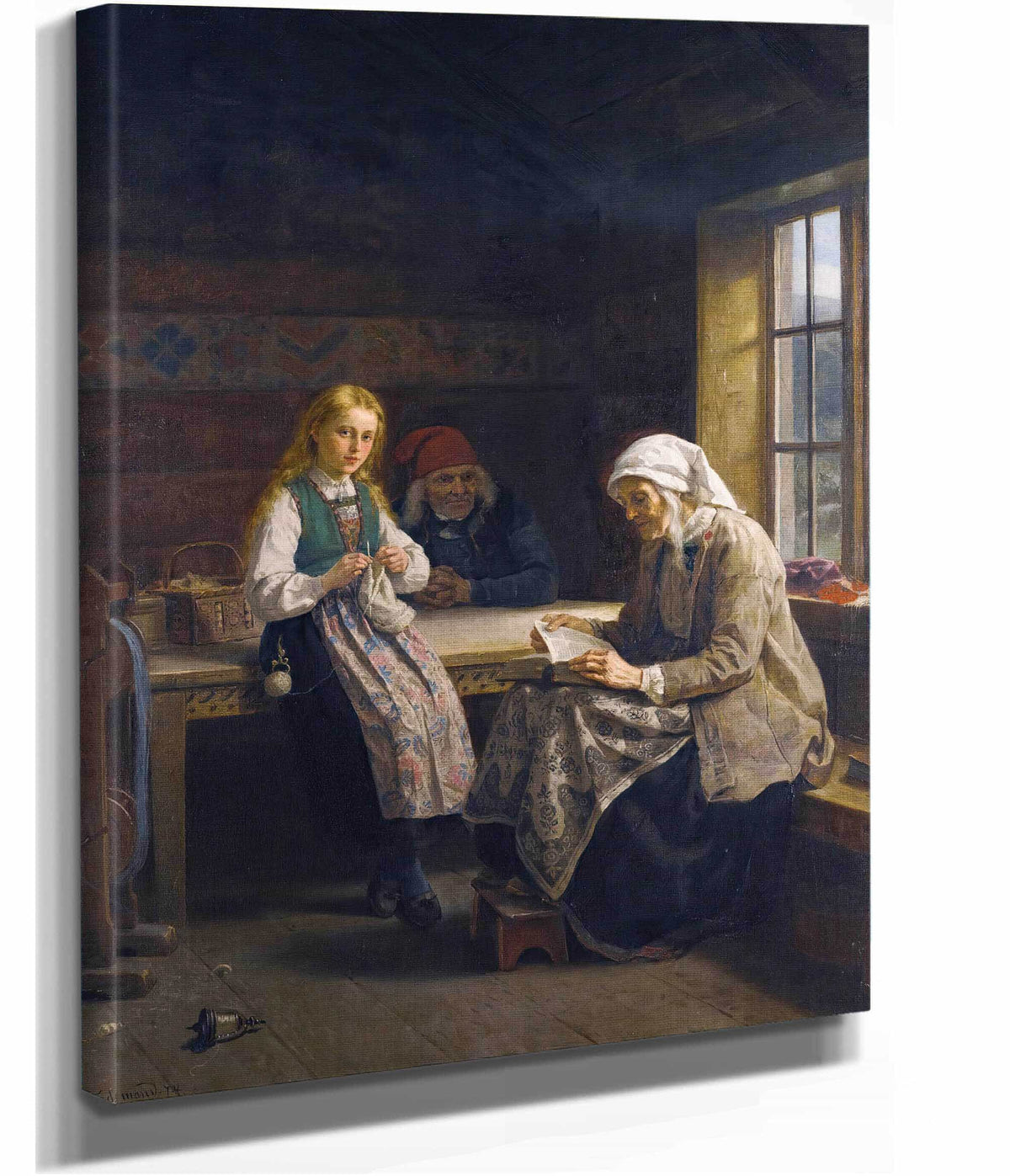 A Hardanger Interior Young Girl Knitting by Adolph Tidemand