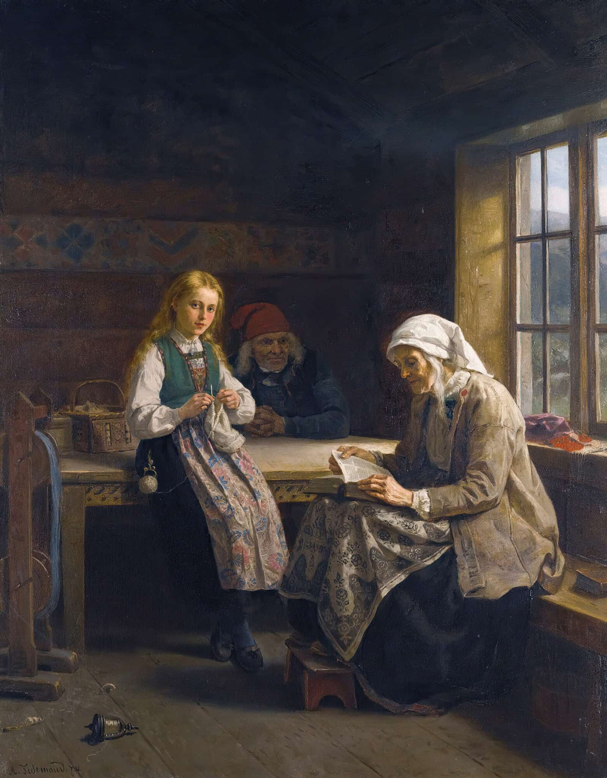 A Hardanger Interior Young Girl Knitting by Adolph Tidemand