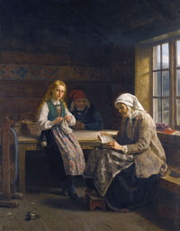 A Hardanger Interior Young Girl Knitting by Adolph Tidemand