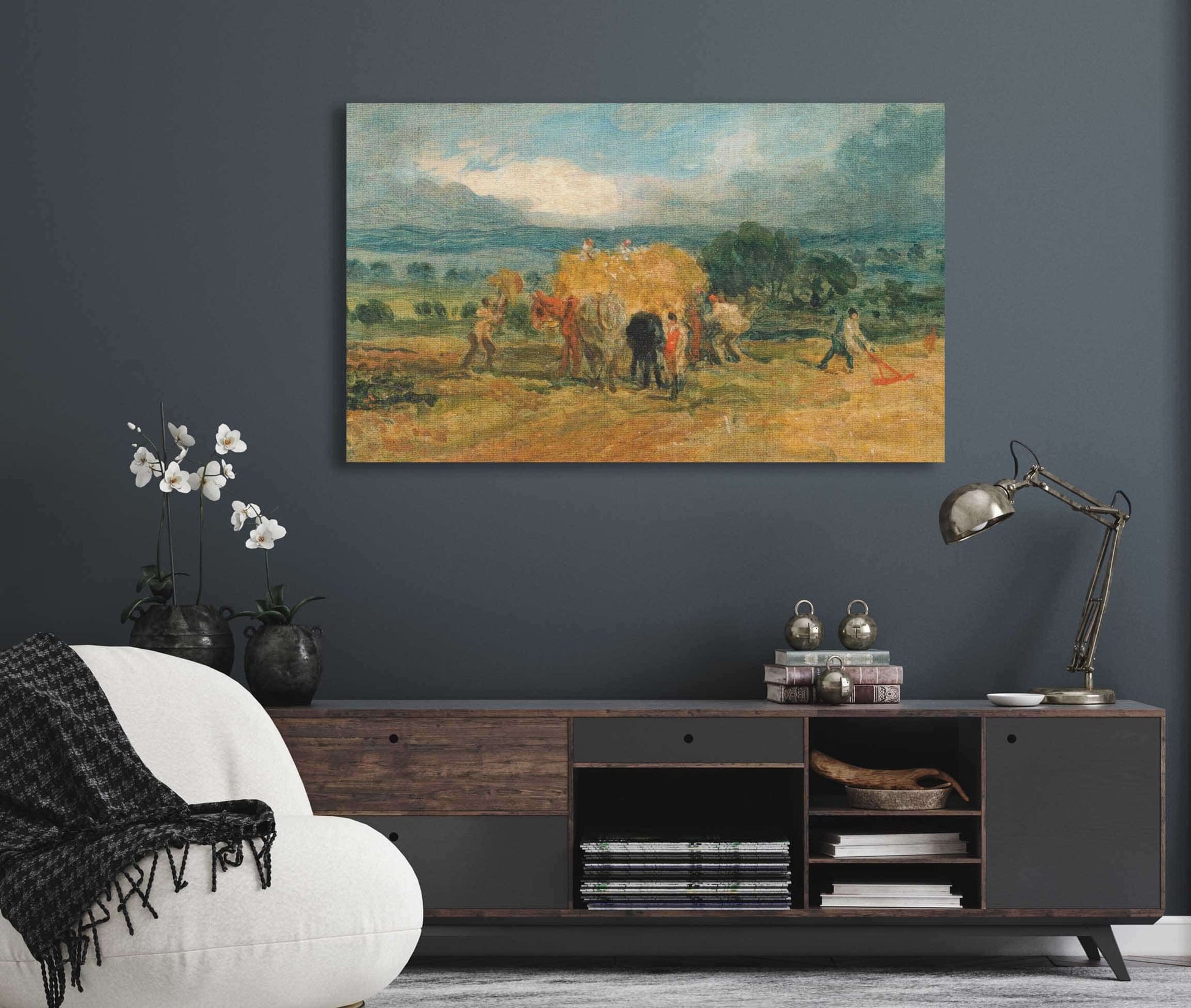 A Harvest Scene With Workers Loading Hay On To A Farm Wagon by James Ward