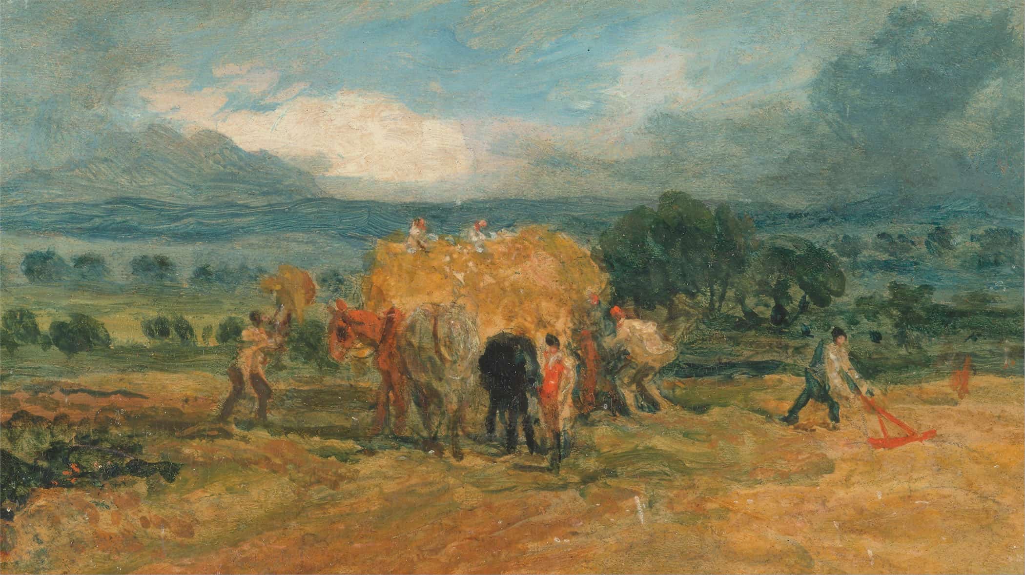 A Harvest Scene With Workers Loading Hay On To A Farm Wagon by James Ward