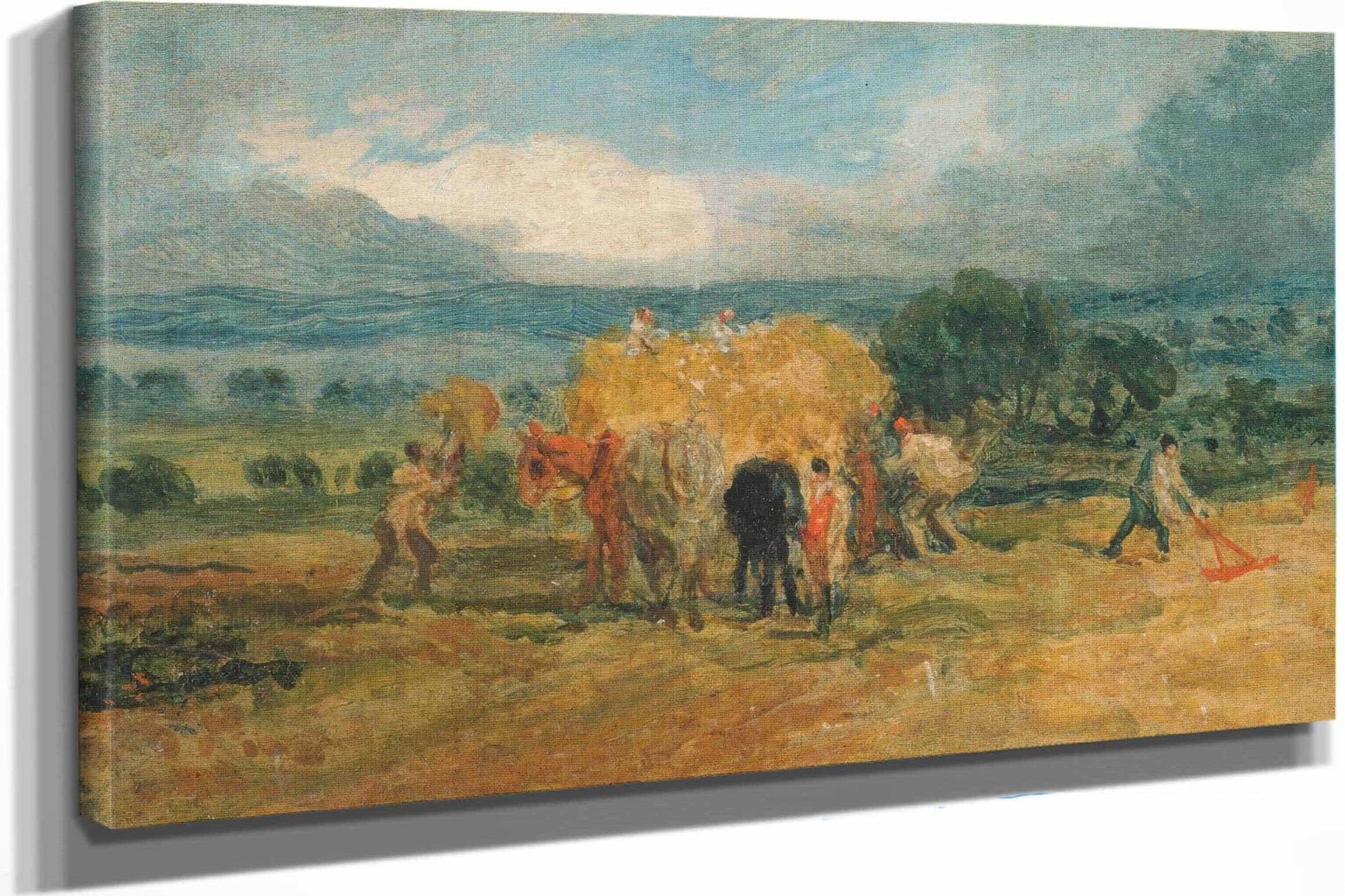 A Harvest Scene With Workers Loading Hay On To A Farm Wagon by James Ward