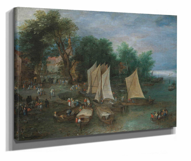 A Landing Stage Near A Village With Shipping And Figures by Jan Brueghel The Elder