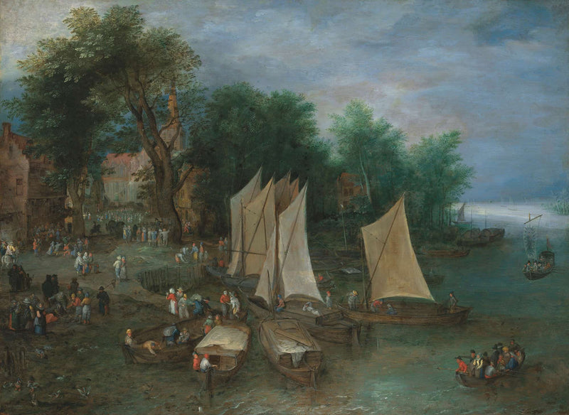 A Landing Stage Near A Village With Shipping And Figures by Jan Brueghel The Elder