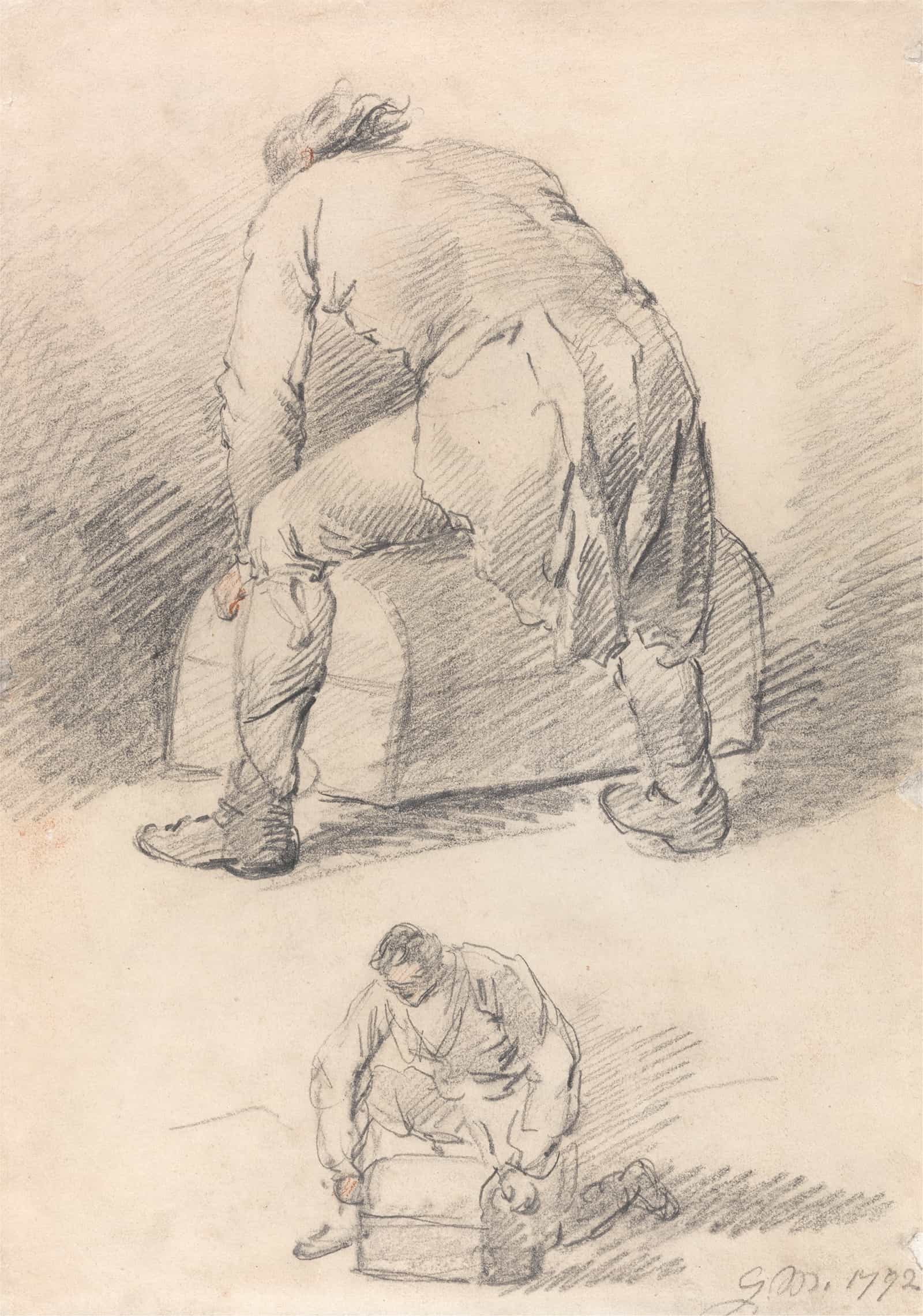 A Man Lifting A Trunk Two Studies On One Sheet by George Morland
