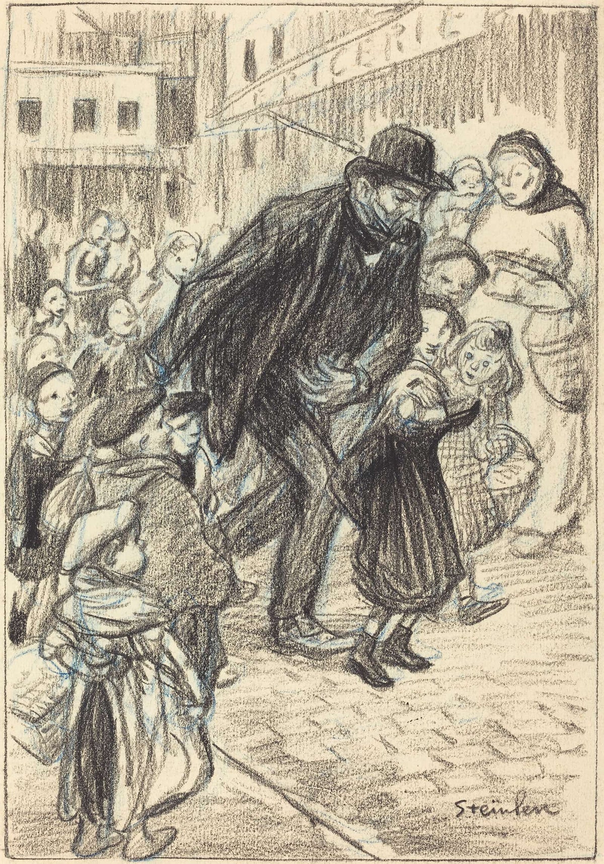 A Man On A City Street Surrounded By Children Un Pere by Theophile Alexandre Steinlen