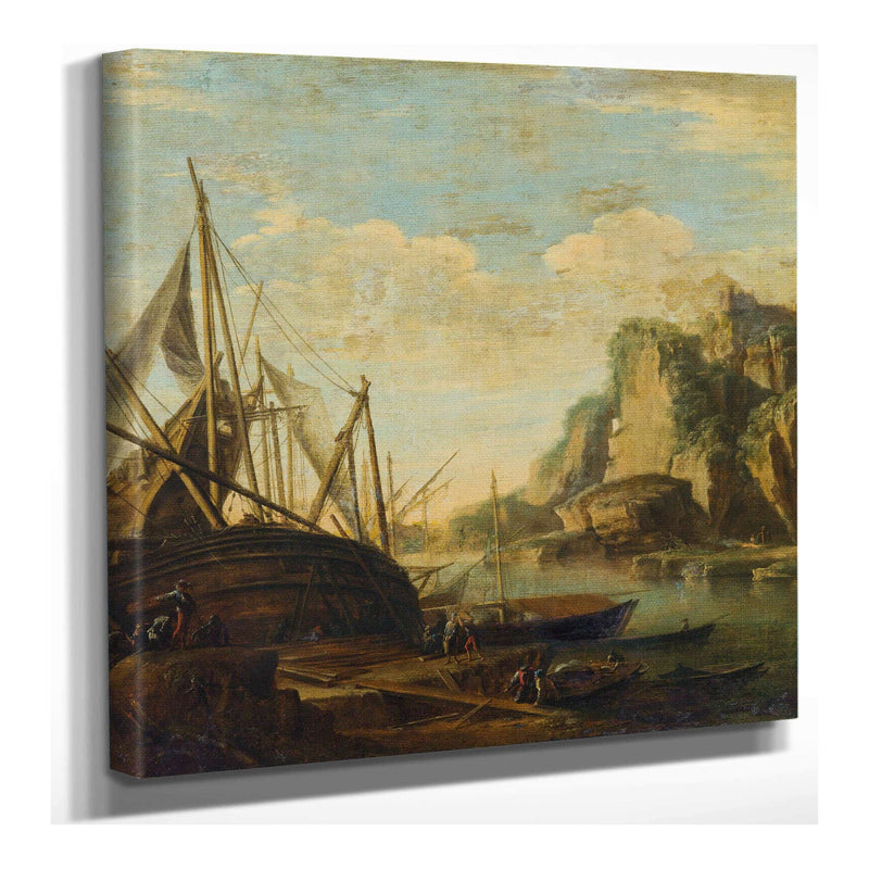 A Mediterranean Coastal Landscape With A Ship by Salvator Rosa