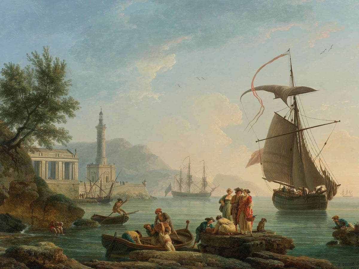 A Mediterranean Harbor At Sunset With Fisherfolk At The Waters Edge A Lighthouse by Claude Joseph Vernet