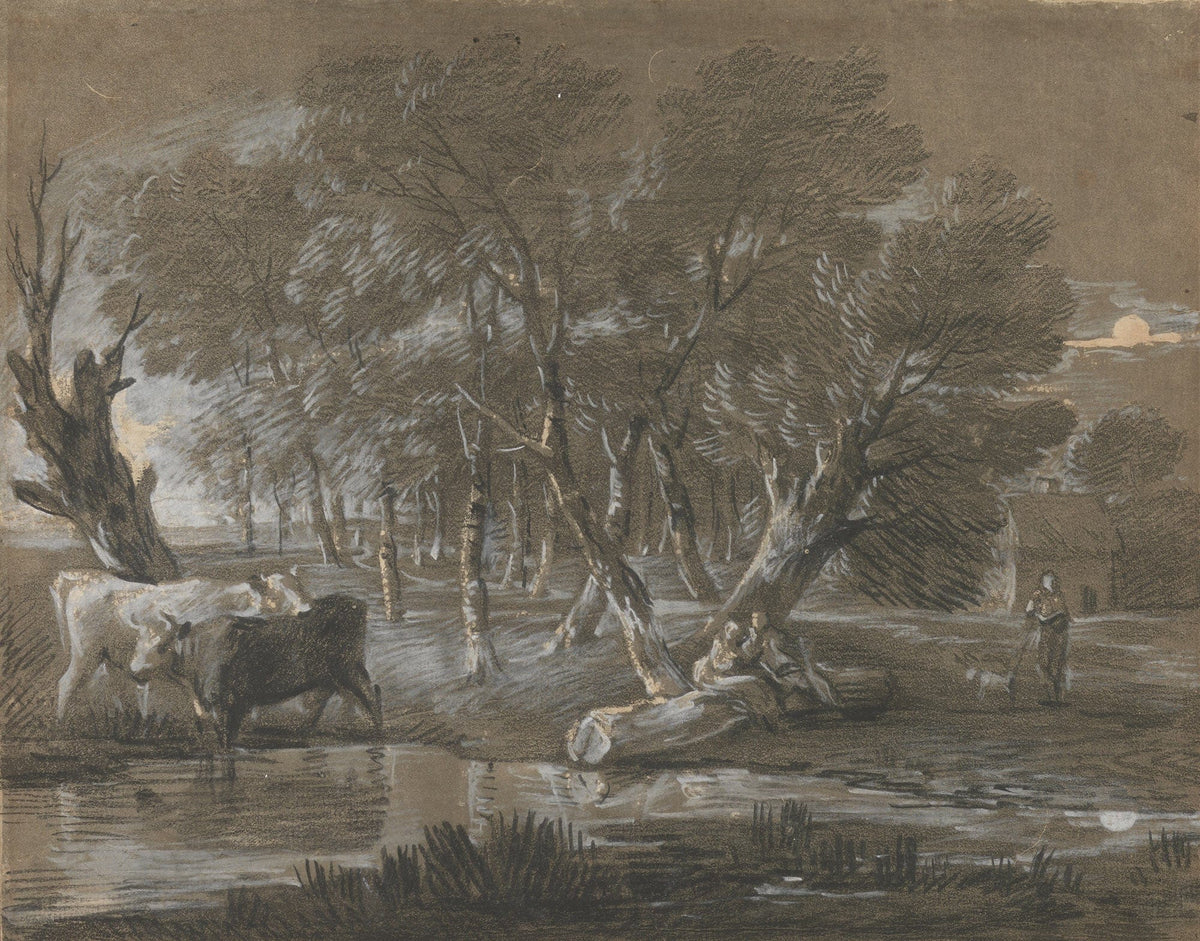 A Moonlit Landscape With Cattle By A Pool by Thomas Gainsborough