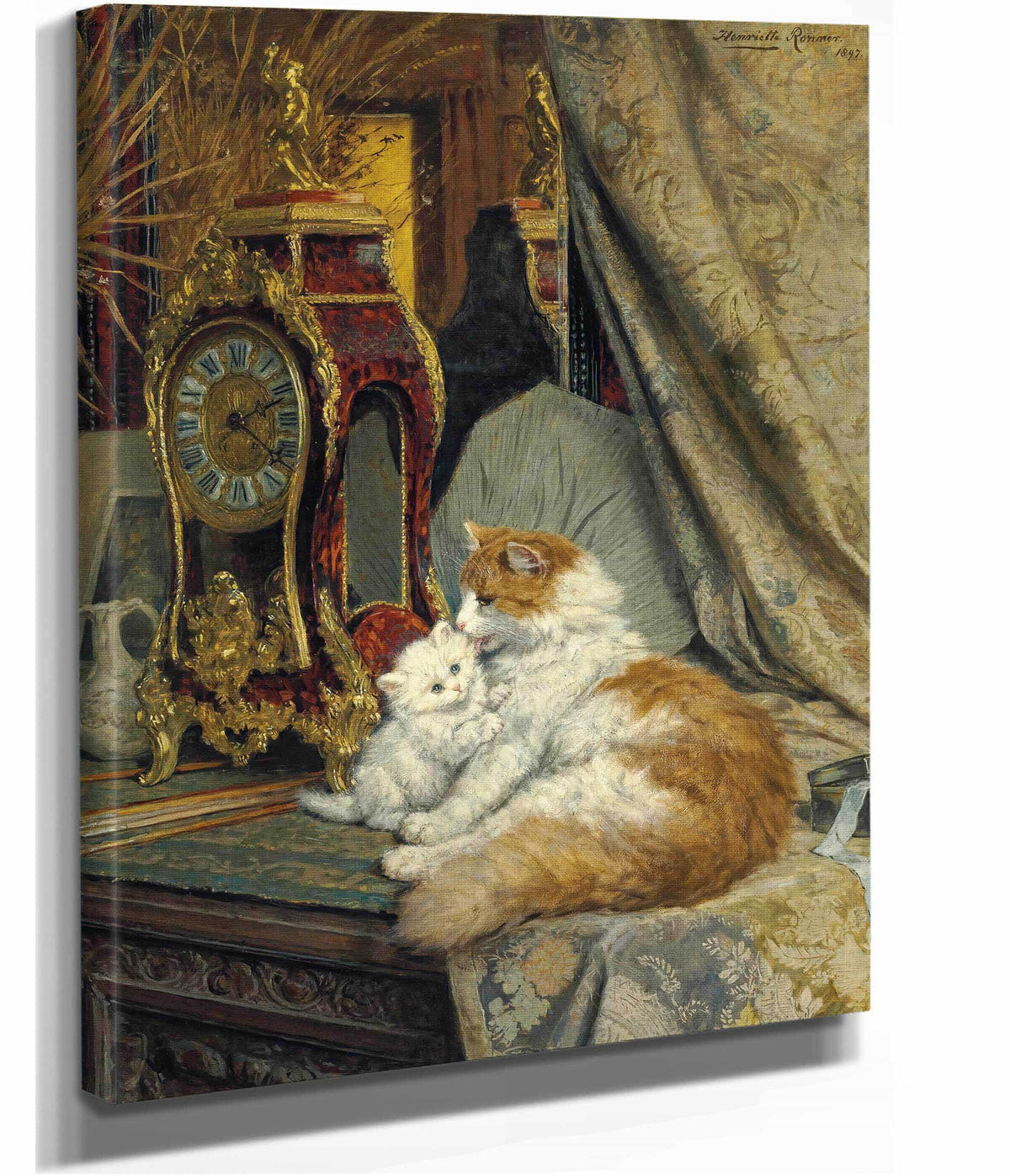 A Mother Cat And Her Kitten With A Bracket Clock by Henriette Ronner Knip