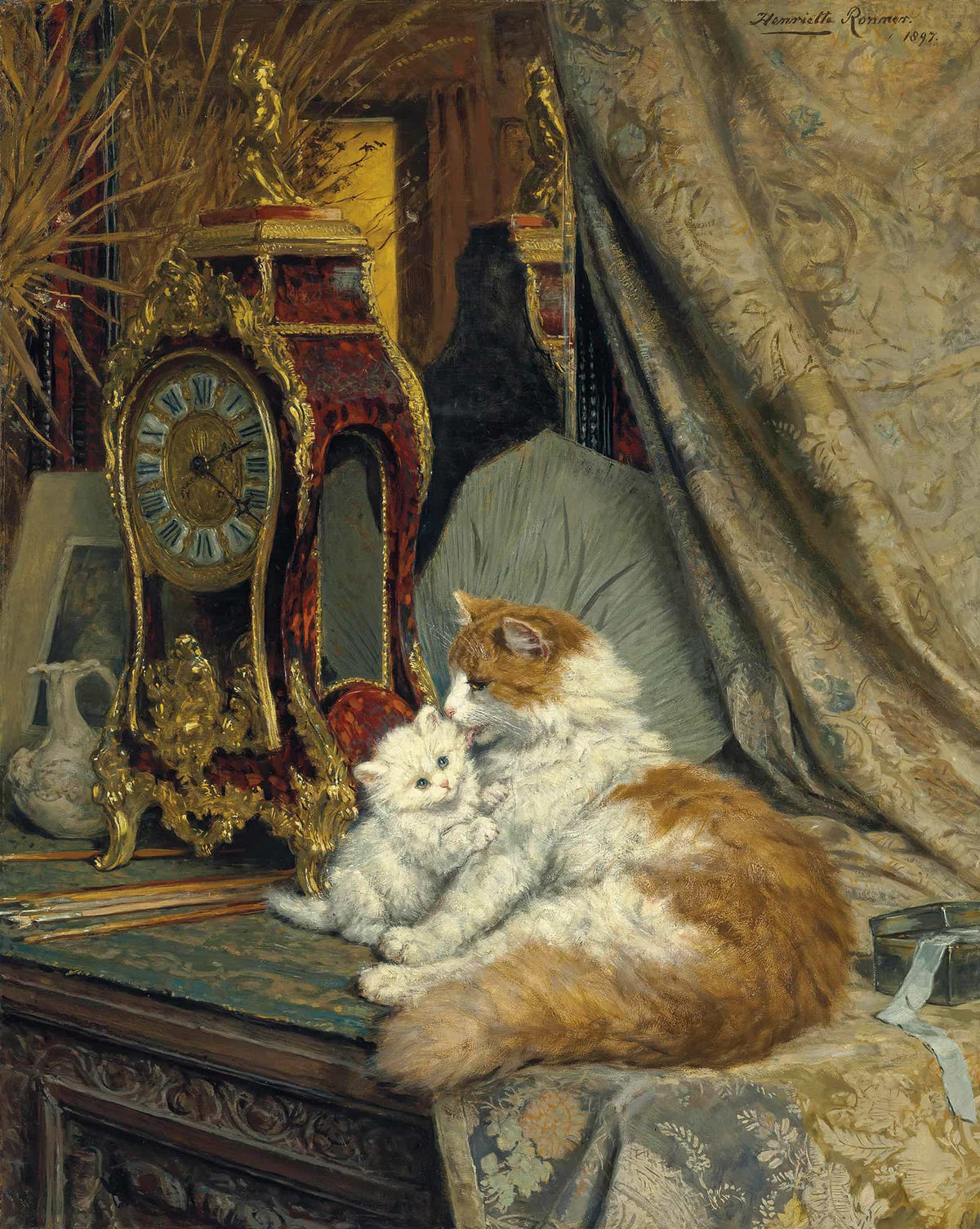 A Mother Cat And Her Kitten With A Bracket Clock by Henriette Ronner Knip