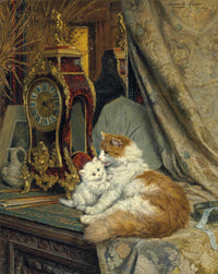 A Mother Cat And Her Kitten With A Bracket Clock by Henriette Ronner Knip