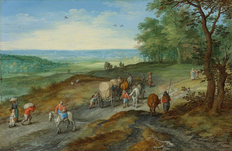 A Panoramic Landscape With A Covered Wagon And Travelers On A Highway by Jan Brueghel The Elder