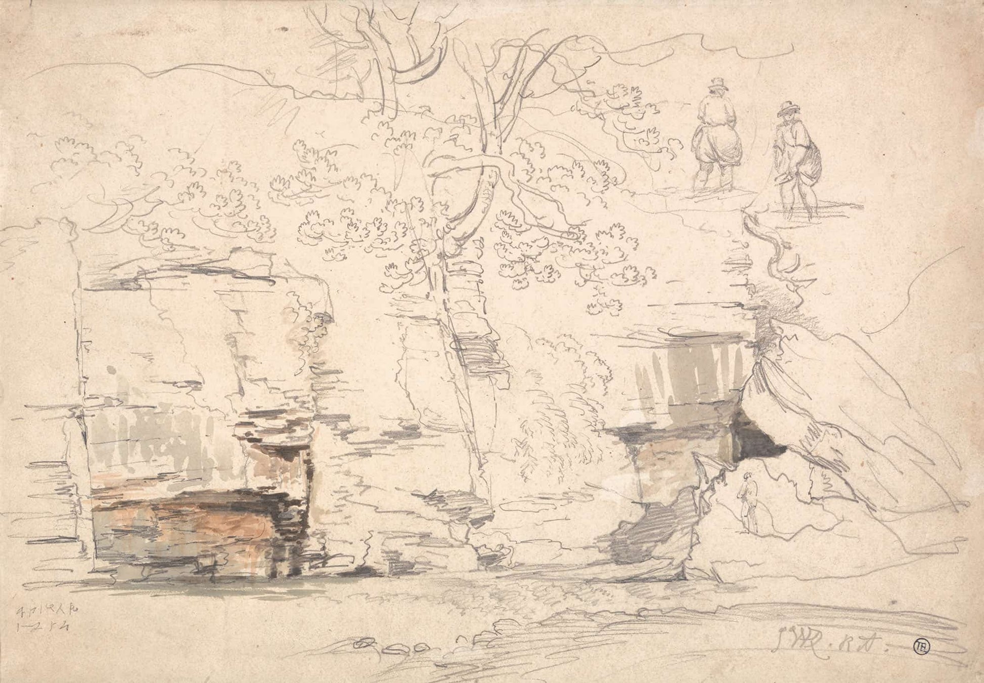 A Rocky Hillside With Trees And Figures by James Ward