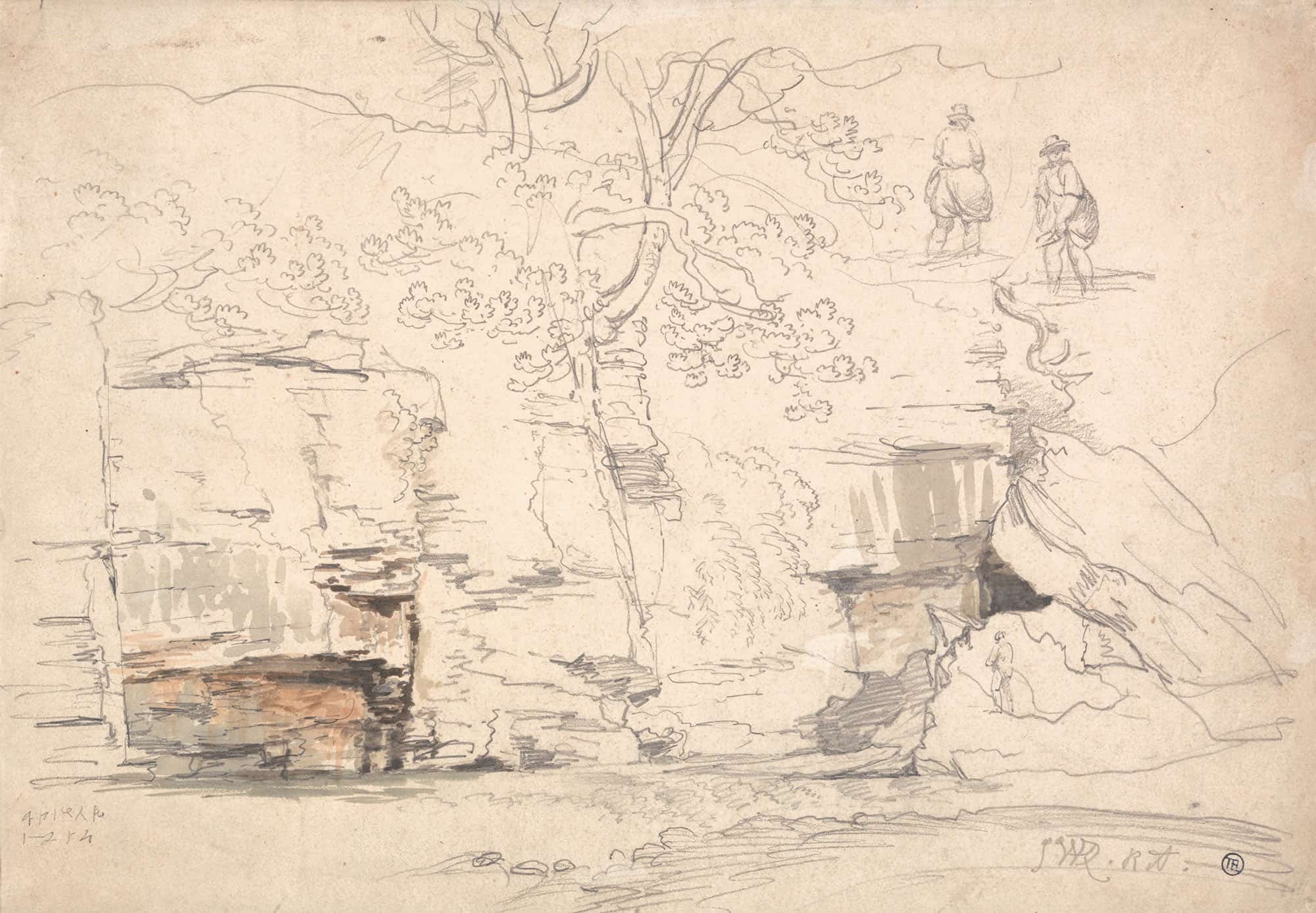 A Rocky Hillside With Trees And Figures by James Ward