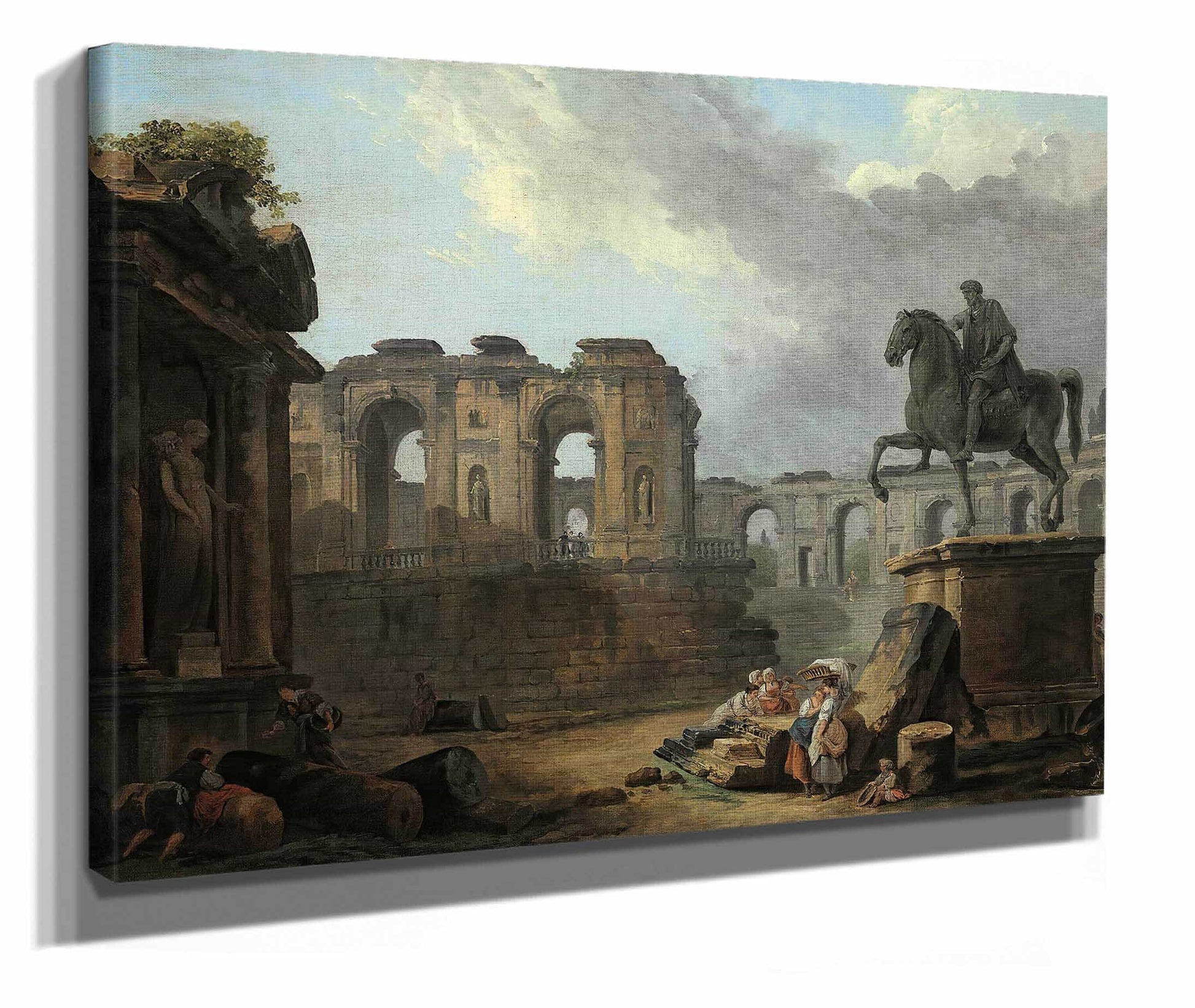 A Roman Capriccio With Washerwomen By The Statue Of Marcus Aurelius by Hubert Robert