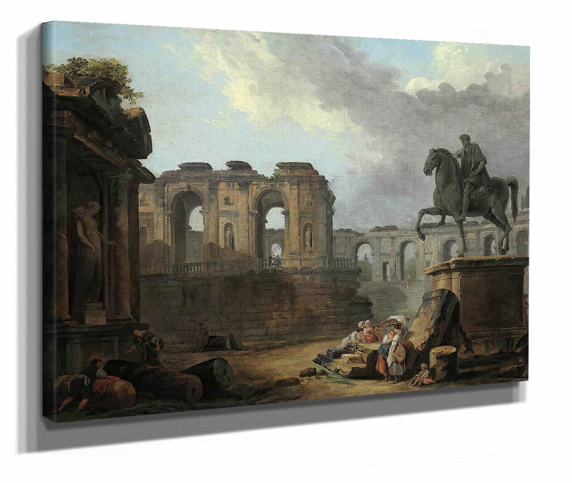 A Roman Capriccio With Washerwomen By The Statue Of Marcus Aurelius by Hubert Robert