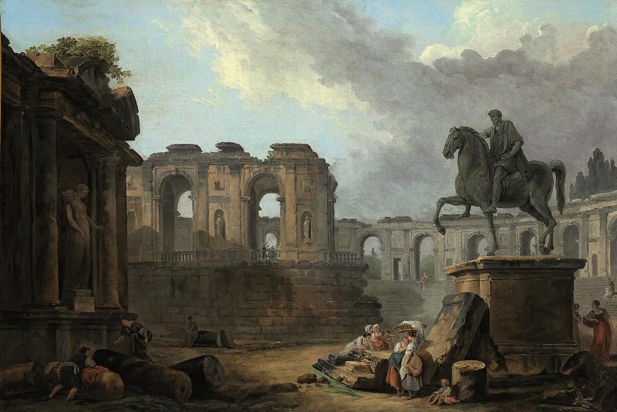 A Roman Capriccio With Washerwomen By The Statue Of Marcus Aurelius by Hubert Robert
