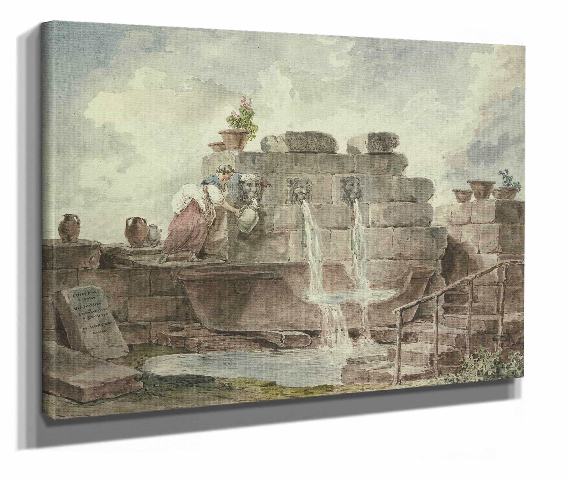 A Roman Fountain With A Woman Collecting Water by Hubert Robert