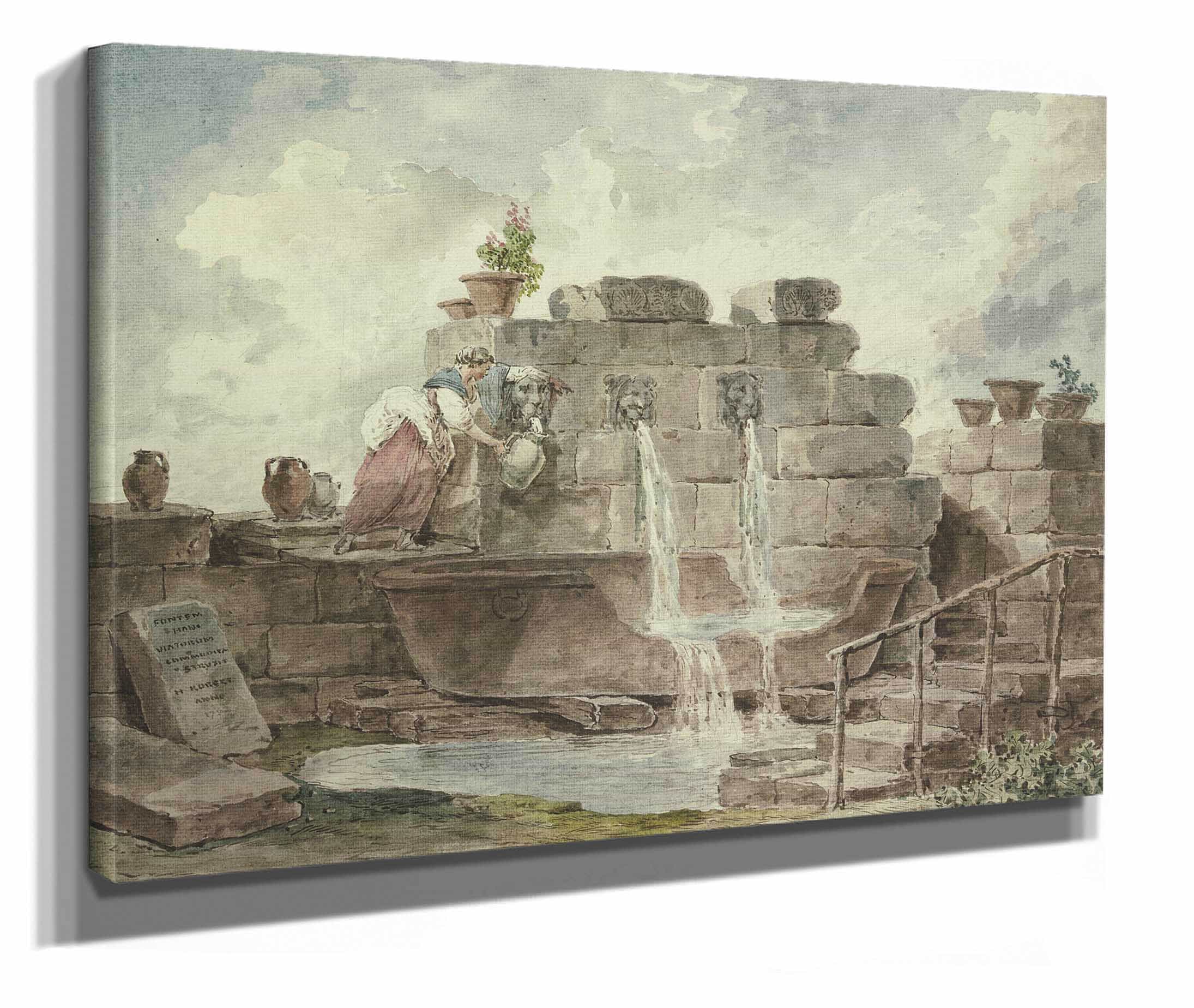 A Roman Fountain With A Woman Collecting Water by Hubert Robert