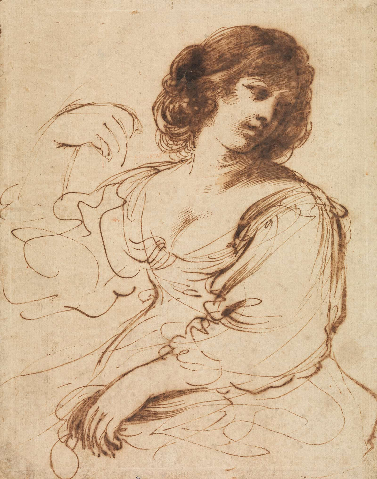 A Seated Young Woman Looking Over Her Shoulder Early Mid Th Century by Guercino