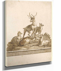 A Stag And Four Hinds On A Grassy Knoll With Base After by Giovanni Domenico Tiepolo