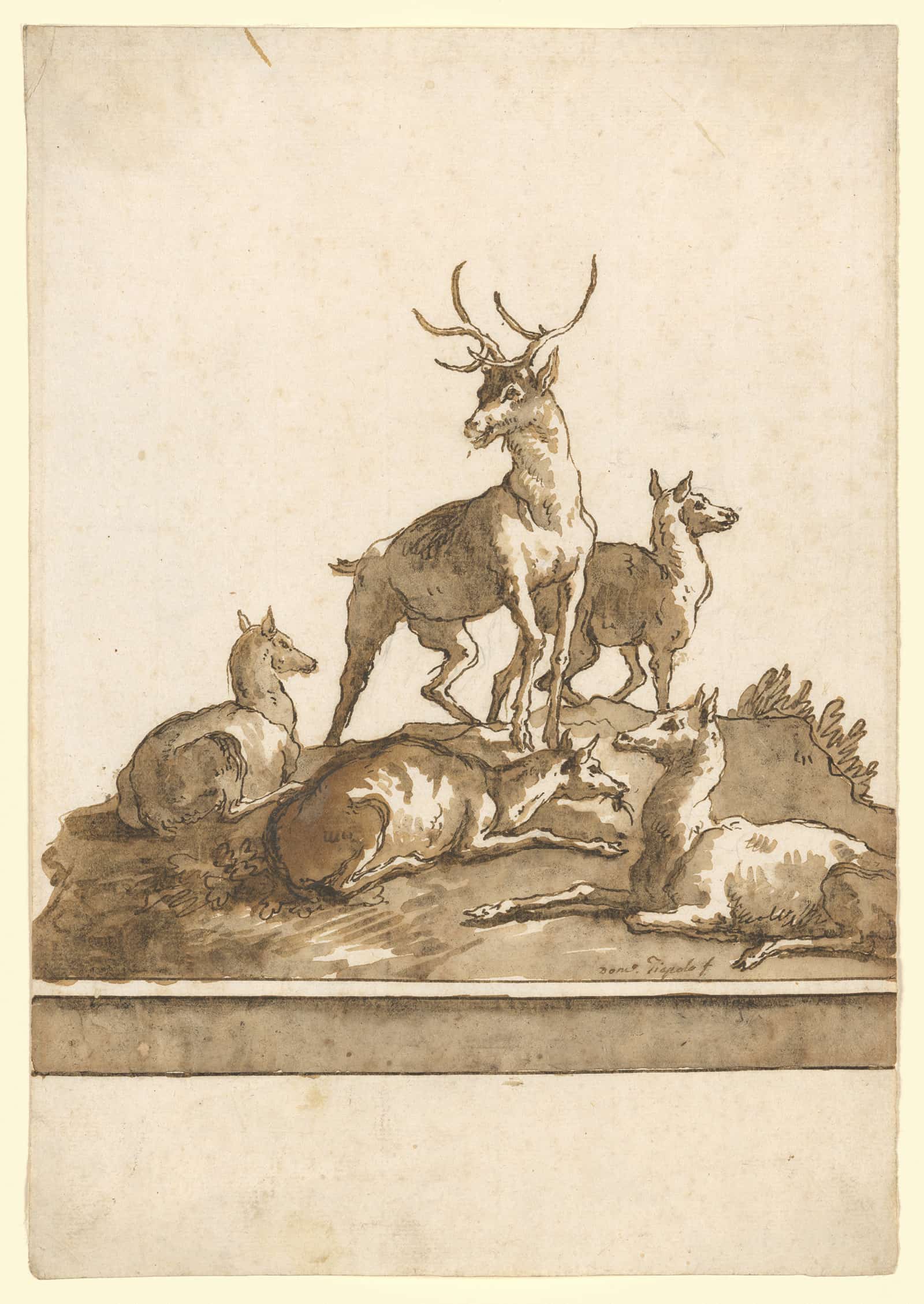 A Stag And Four Hinds On A Grassy Knoll With Base After by Giovanni Domenico Tiepolo