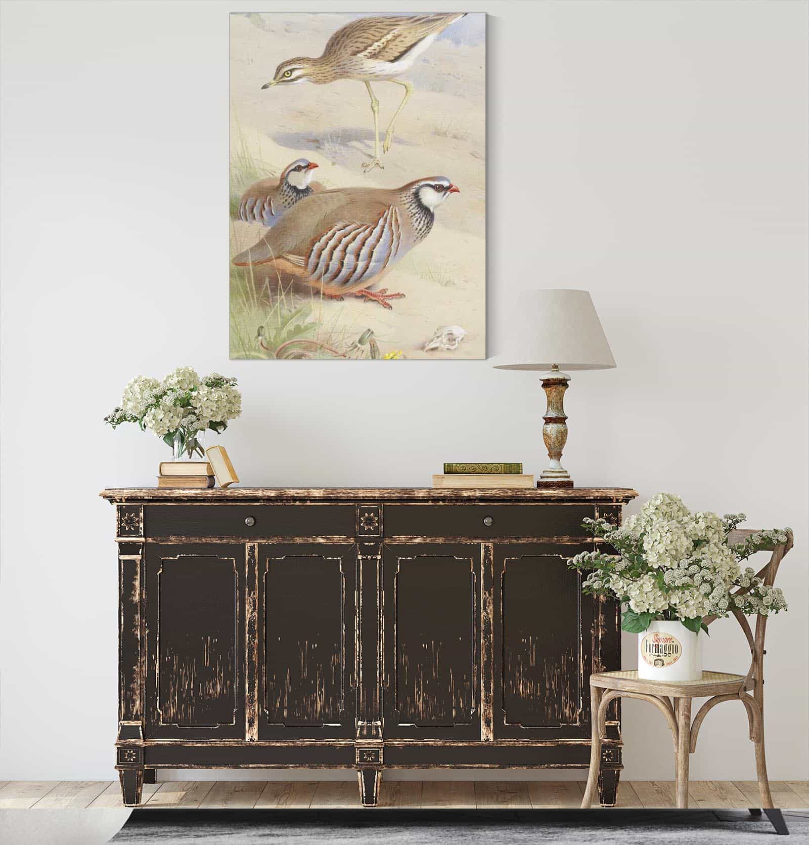A Stone Curlew And A Pair Of French Partridge by Archibald Thorburn