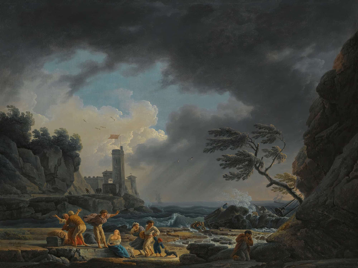 A Stormy Coastal Scene With Figures On A Beach Having By Klauber by Claude Joseph Vernet
