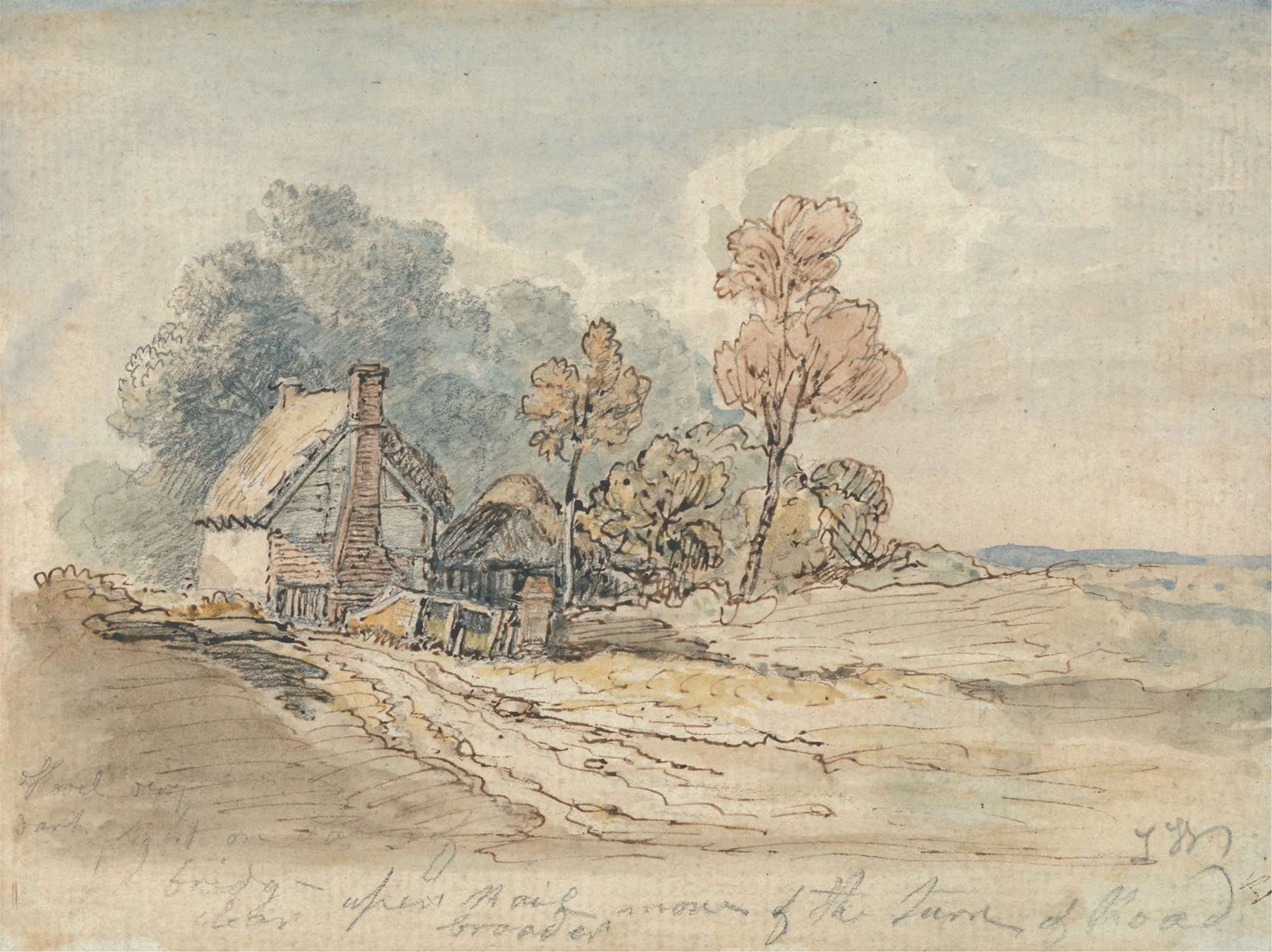A Thatched Cottage And Trees At The Turn Of A Country Road by James Ward