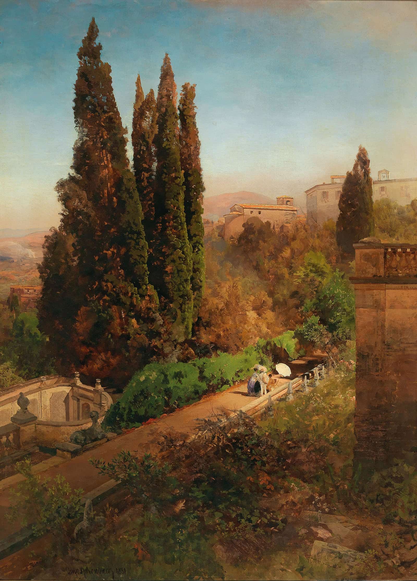 A View Of The Garden Of Villa Deste In Tivoli Near Rome by Oswald Achenbach