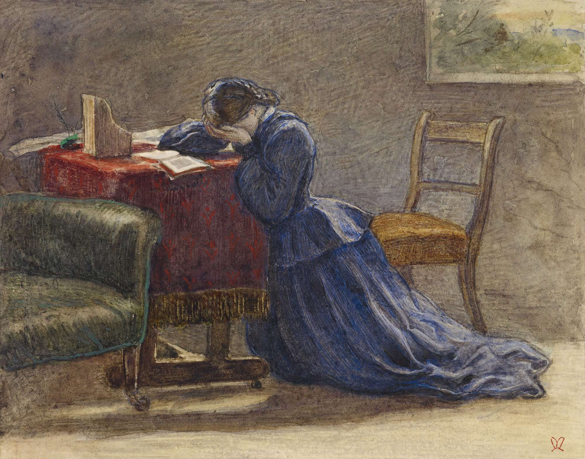 A Wife Face In Both Hands She Knelt On The Carpet by Sir John Everett Millais