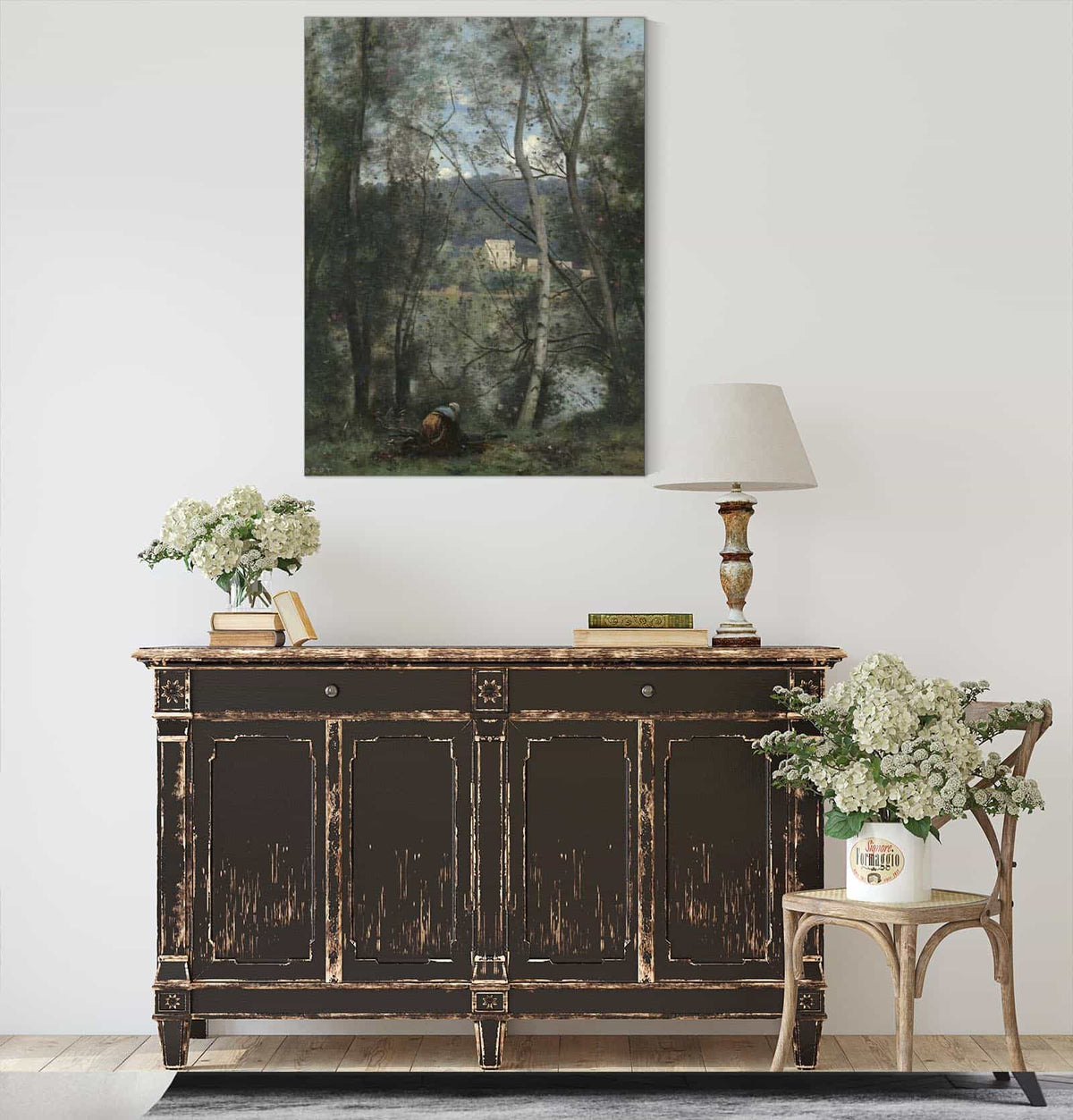 A Woman Gathering Faggots At Ville Davray   by Jean Baptiste Camille Corot