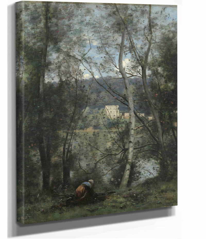A Woman Gathering Faggots At Ville Davray   by Jean Baptiste Camille Corot
