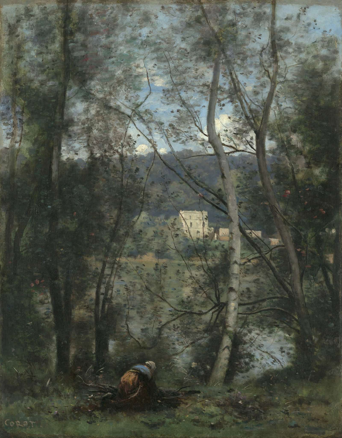 A Woman Gathering Faggots At Ville Davray   by Jean Baptiste Camille Corot