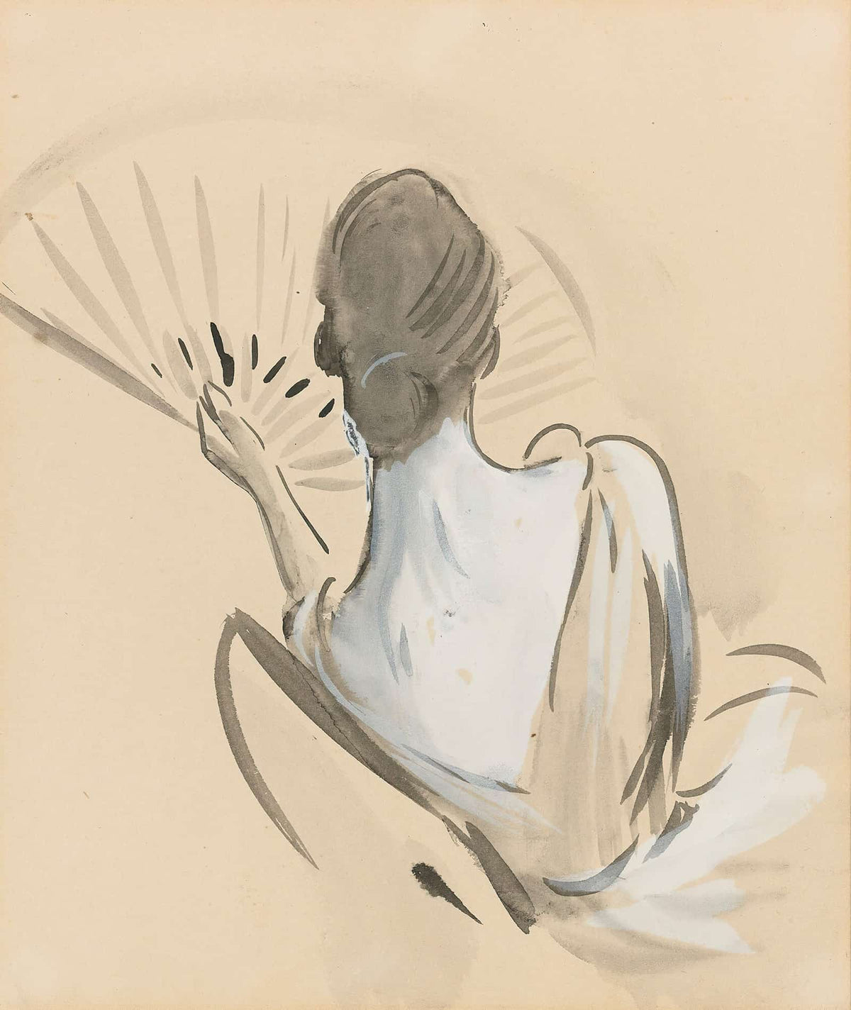A Woman Seen From Behind Holding A Fan by Paul Cesar Helleu