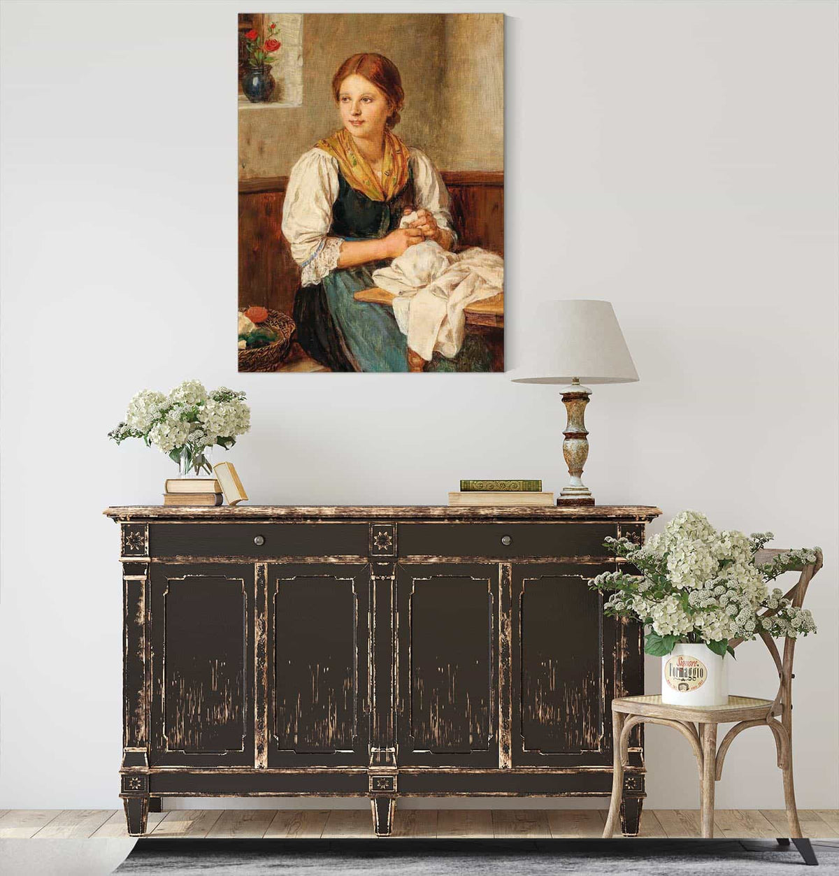 A Young Girl In Traditional Costume Sewing At Home by Franz Von Defregger