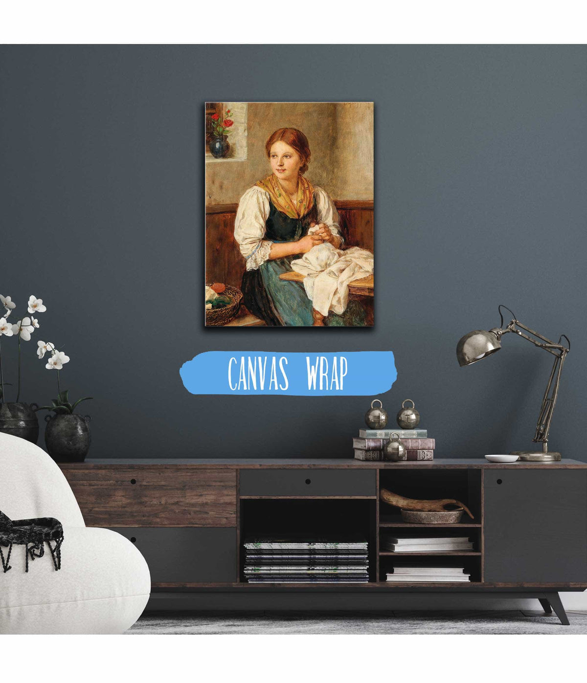 A Young Girl In Traditional Costume Sewing At Home by Franz Von Defregger