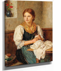 A Young Girl In Traditional Costume Sewing At Home by Franz Von Defregger