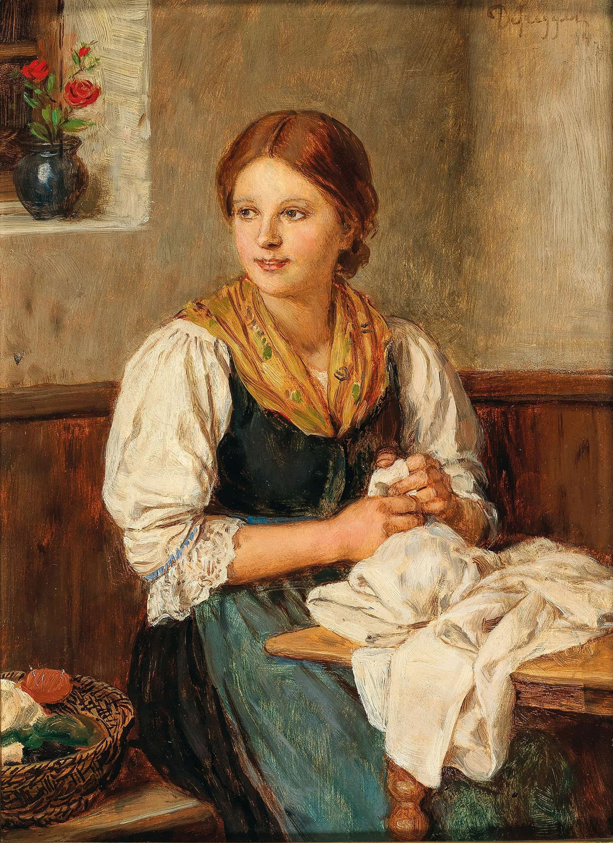 A Young Girl In Traditional Costume Sewing At Home by Franz Von Defregger