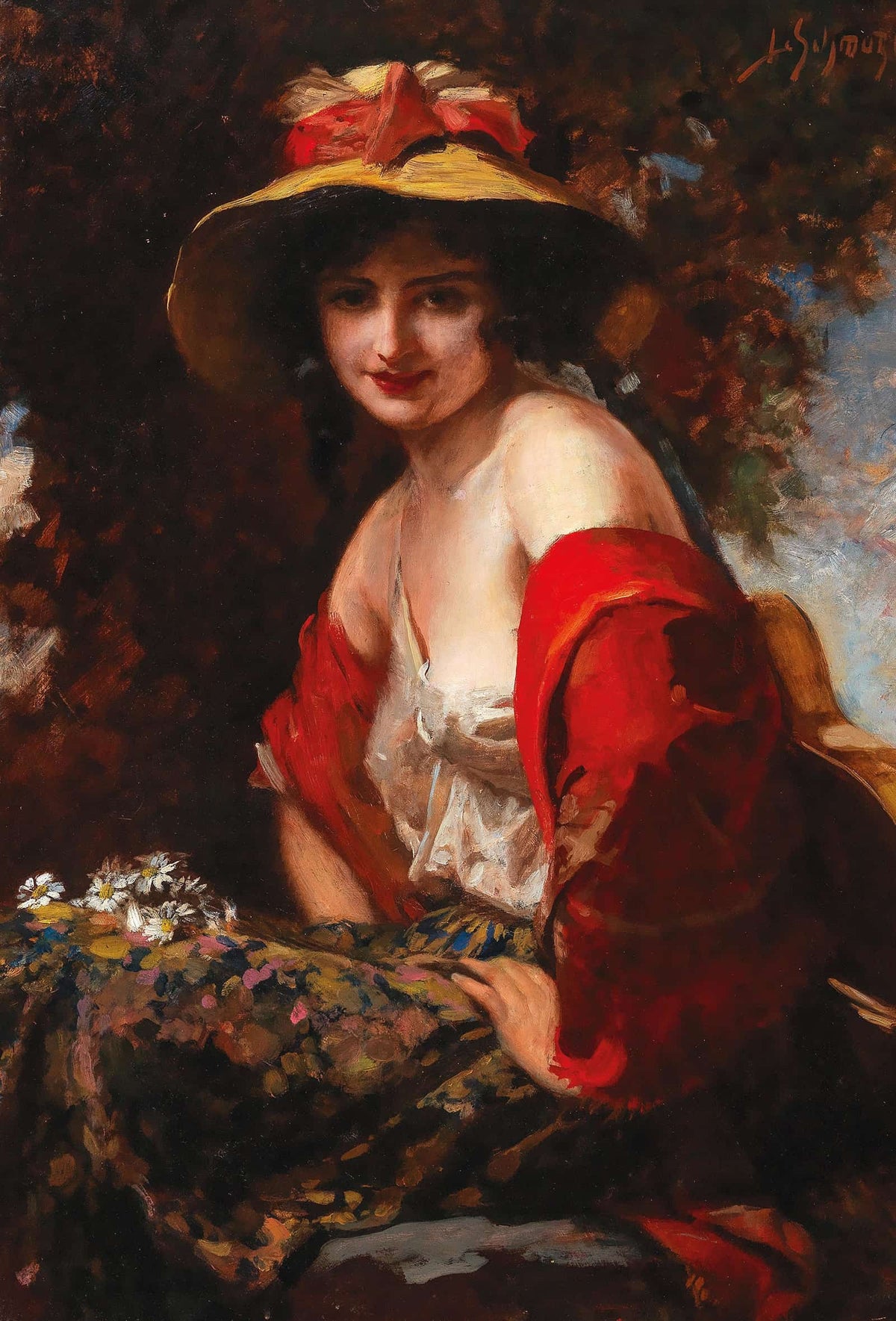 A Young Lady With A Straw Hat by Leopold Schmutzler