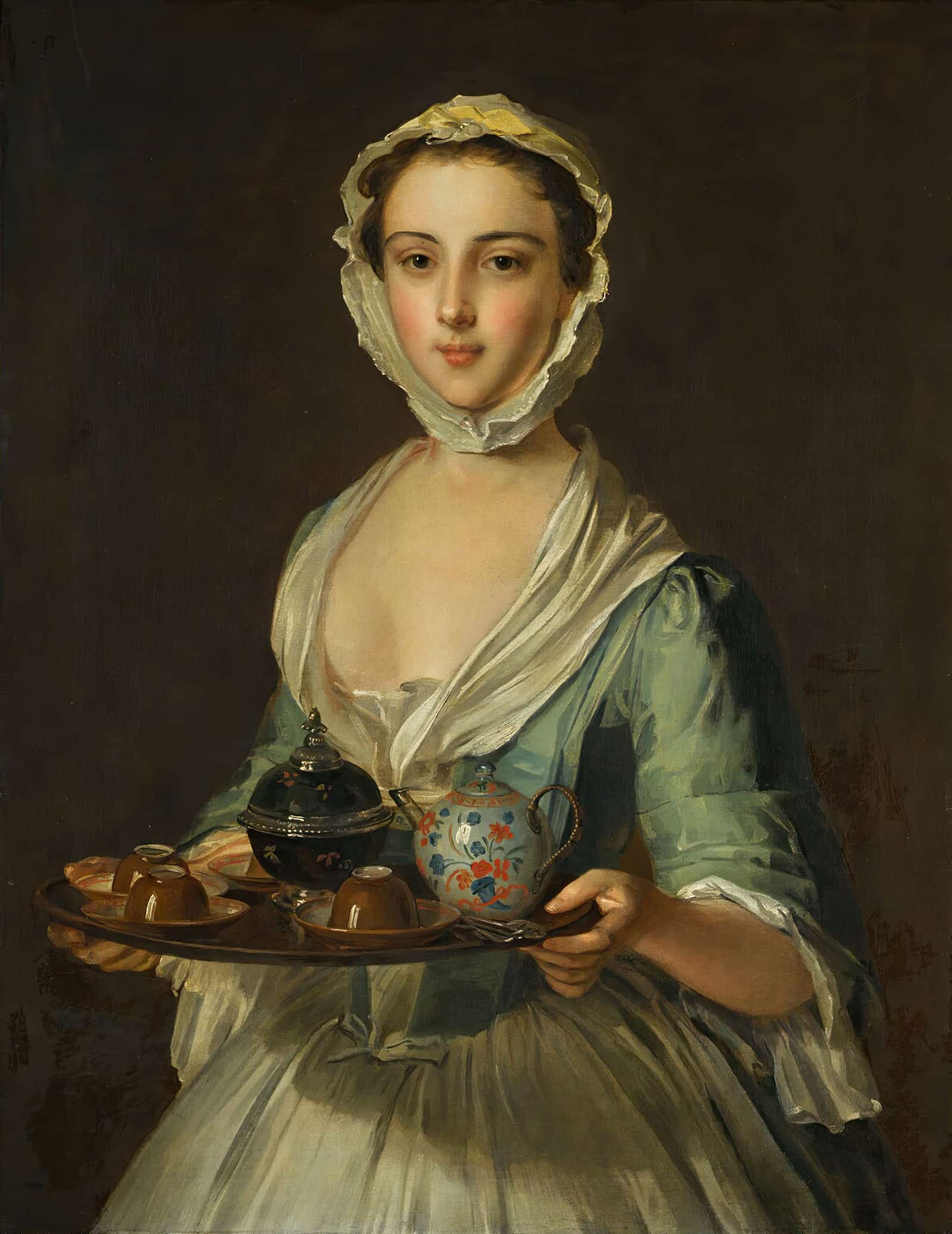 A Young Woman Carrying A Tea Tray Possibly Hannah The Artists Maid by Philippe Mercier