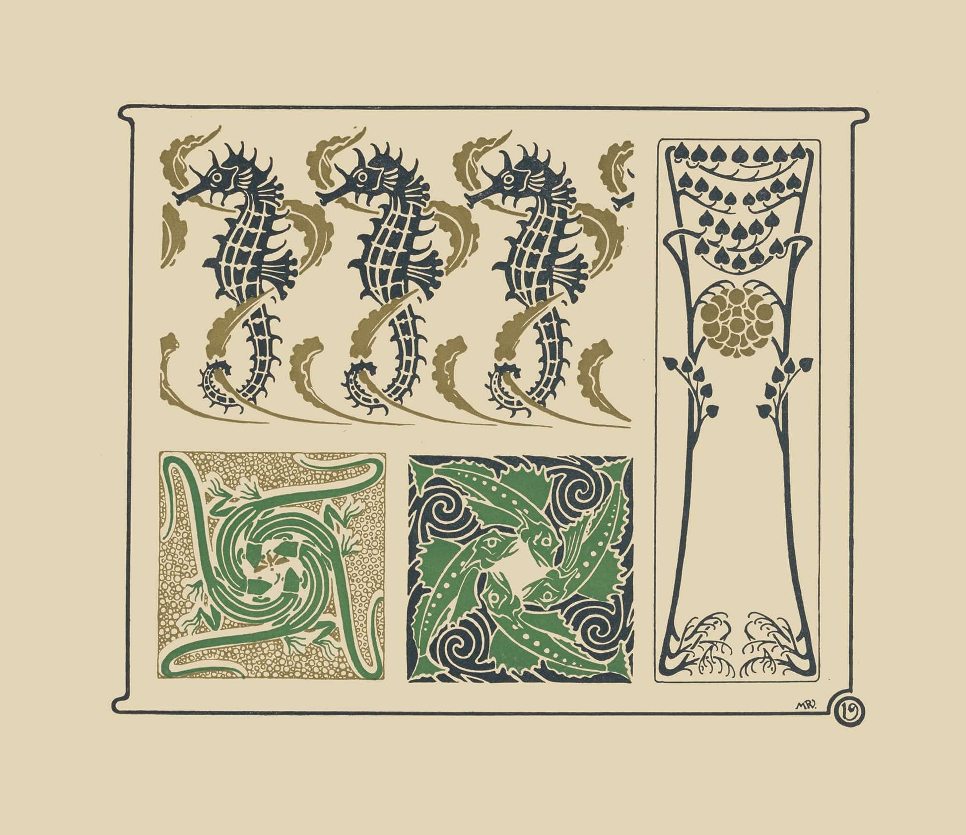 Abstract Design Based On Seahorses Fish Lizards Tiny Leaves by Maurice Pillard Verneuil