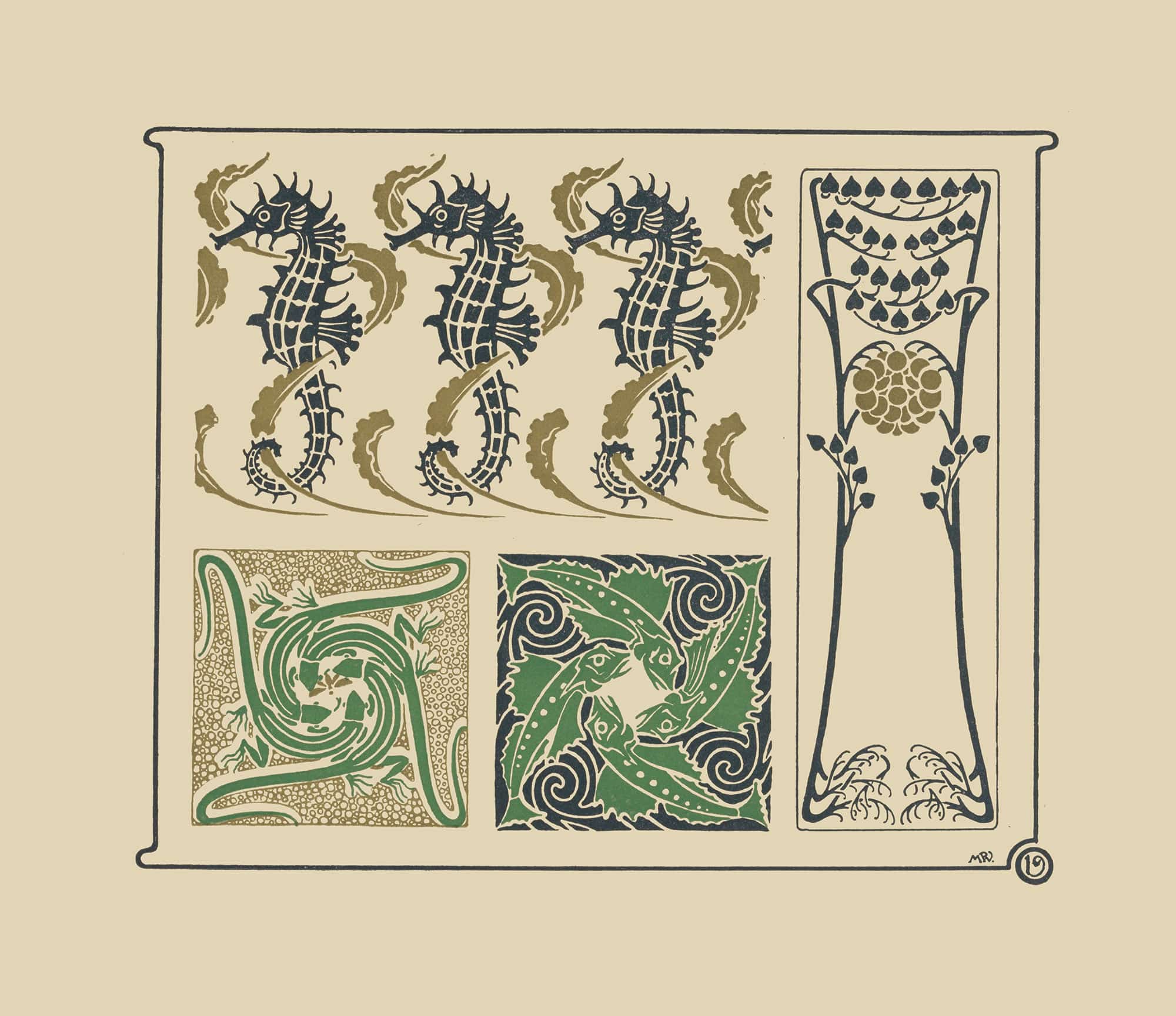 Abstract Design Based On Seahorses Fish Lizards Tiny Leaves by Maurice Pillard Verneuil